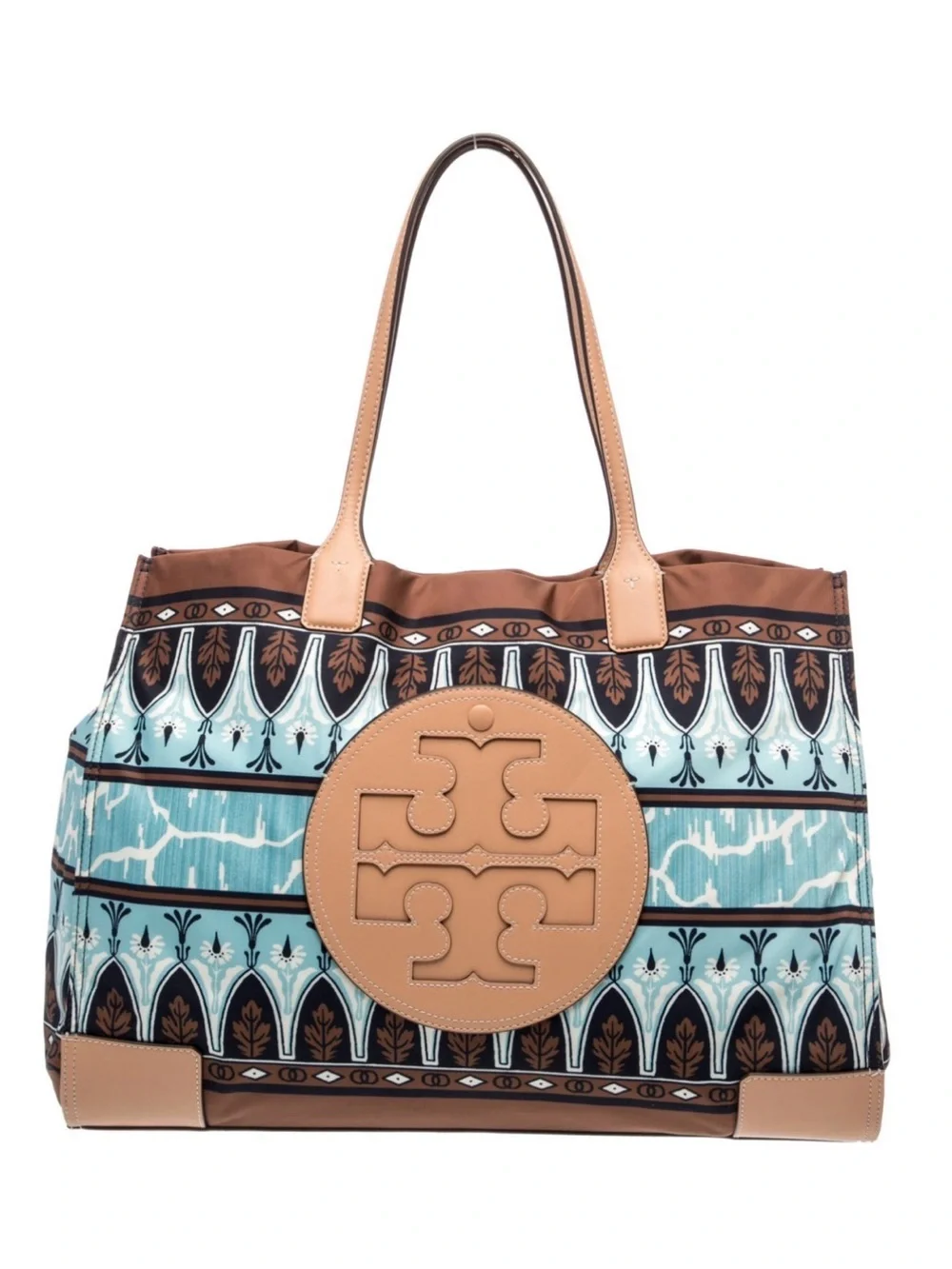 Tory Burch Ella Aqua/Tan Patterned Tote with Signature Logo